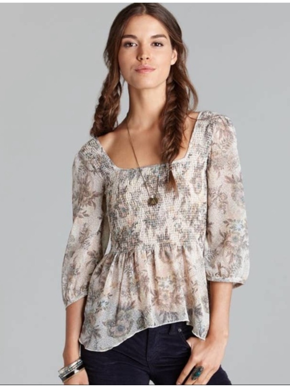 Free People Cream Floral Smocked Peplum Boho Blouse, Size Small